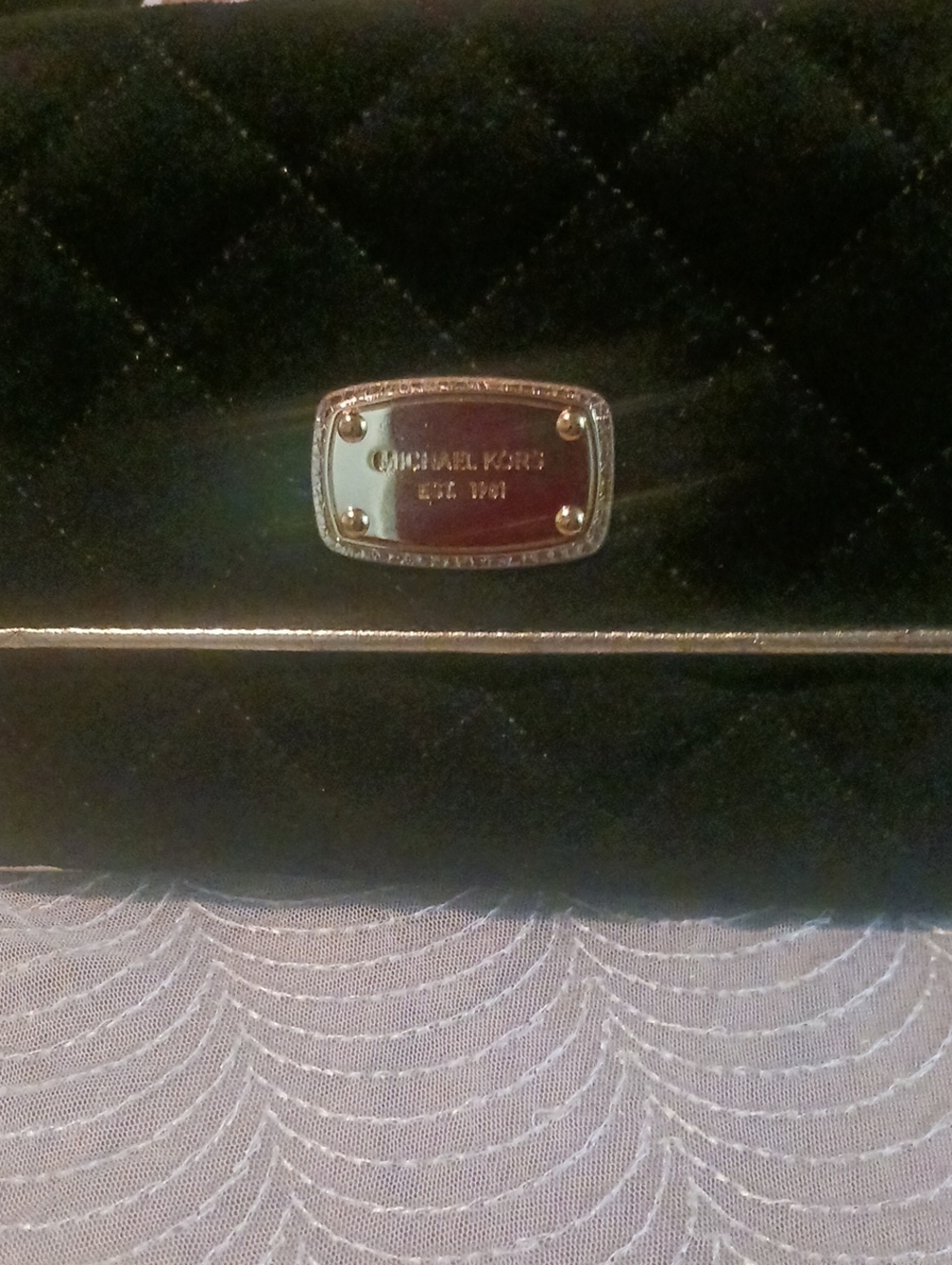 Michael Kors Black Quilted Velvet Clutch with Gold Plaque